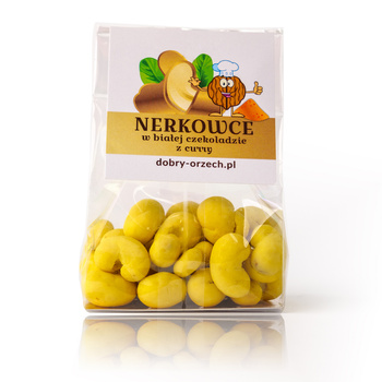 Cashewnüsse in weißer Schokolade mit Curry und Mango