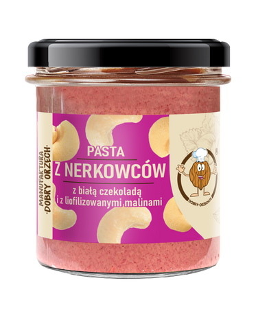 Pasta z orzechów nerkowca z białą czekoladą i malinami